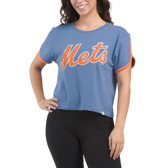 MLB Blue Premier Wordmark Dolphin Hem Crop Top - Picture 1 of 2